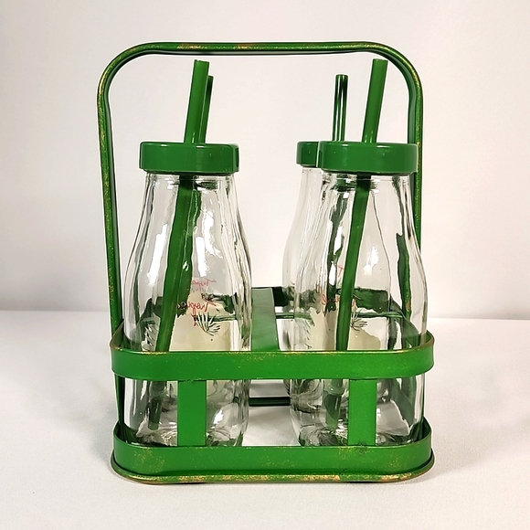 4 piece set of glass Milk bottles with carrying metal rack with handle - Picture 3 of 16